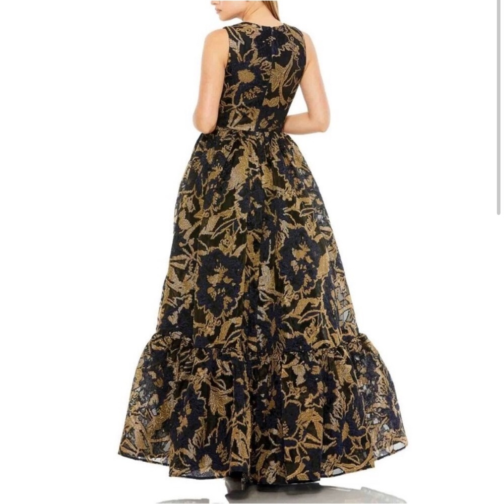 NEW NWT Mac Duggal Cocktail Dress Gown Blue Gold Brocade Size 10 Ruffle - Picture 2 of 15